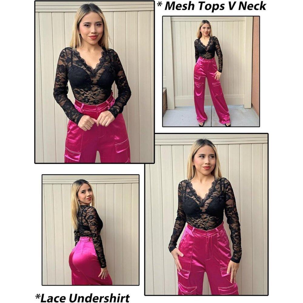 Women Mesh Top Sheer Lace Long Sleeve V-Neck Floral Blouse Under Shirts - Picture 4 of 8